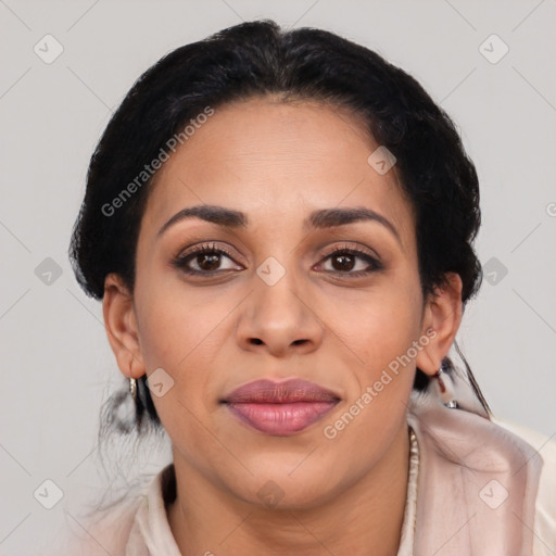 Joyful latino young-adult female with medium  black hair and brown eyes