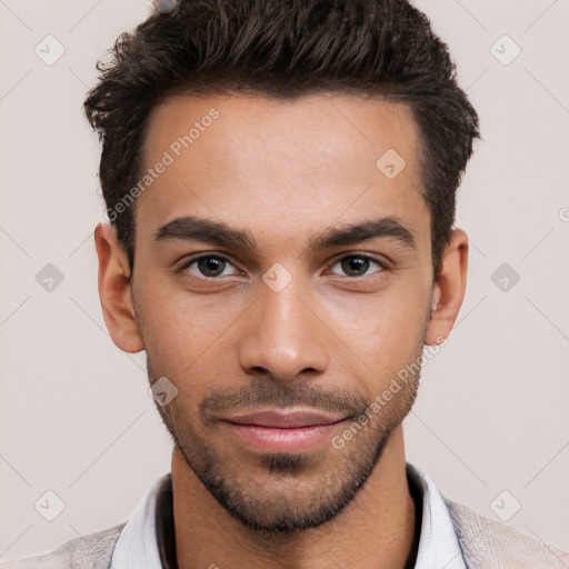 Neutral white young-adult male with short  black hair and brown eyes