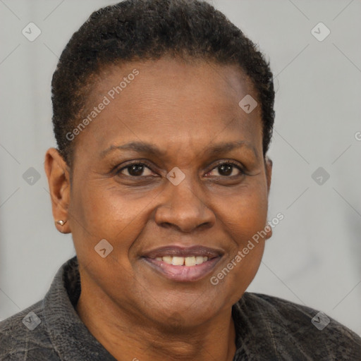 Joyful black adult female with short  brown hair and brown eyes