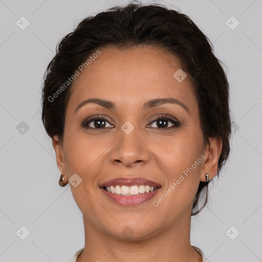 Joyful white adult female with short  brown hair and brown eyes