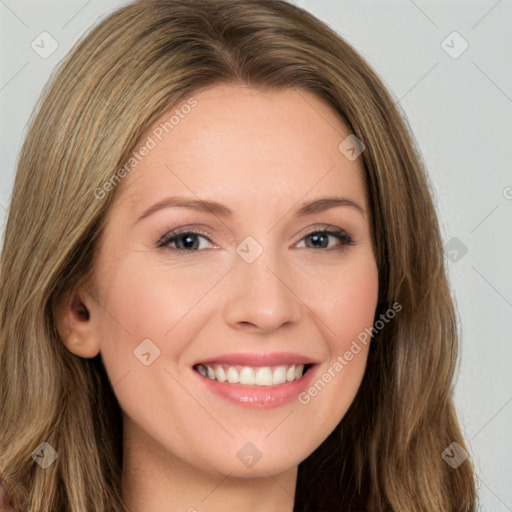 Joyful white young-adult female with long  brown hair and brown eyes