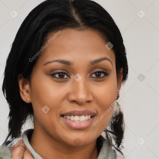 Joyful latino young-adult female with medium  brown hair and brown eyes