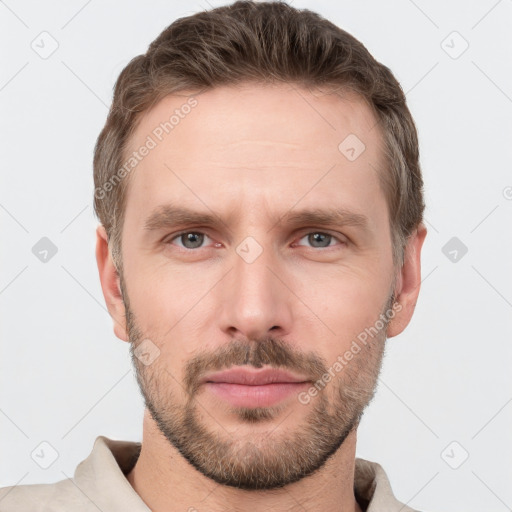 Neutral white young-adult male with short  brown hair and grey eyes