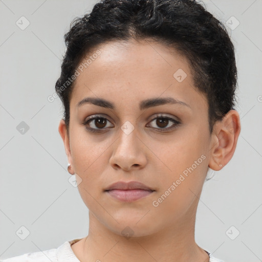 Neutral latino young-adult female with short  brown hair and brown eyes