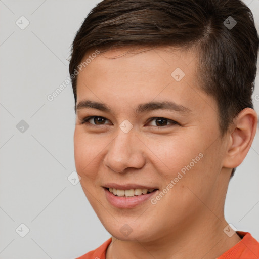 Joyful white young-adult female with short  brown hair and brown eyes