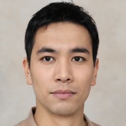 Neutral asian young-adult male with short  black hair and brown eyes