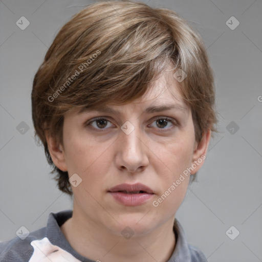 Neutral white young-adult female with medium  brown hair and brown eyes