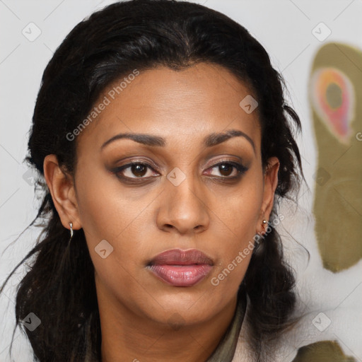 Joyful black young-adult female with medium  brown hair and brown eyes