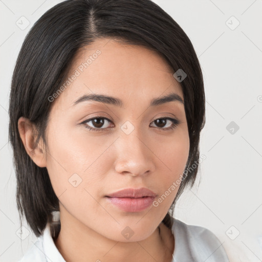 Neutral white young-adult female with medium  brown hair and brown eyes