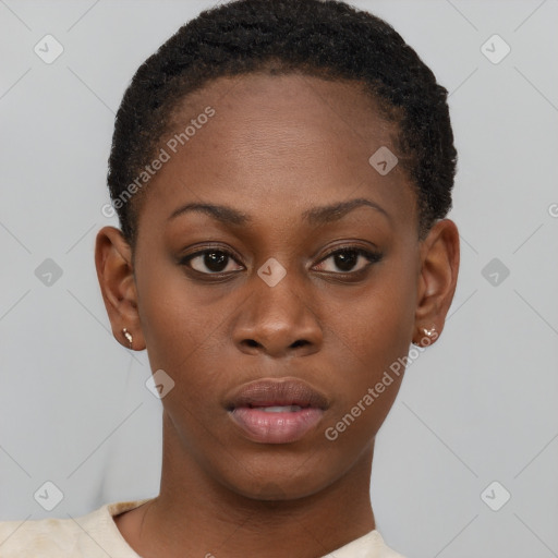 Neutral black young-adult female with short  brown hair and brown eyes