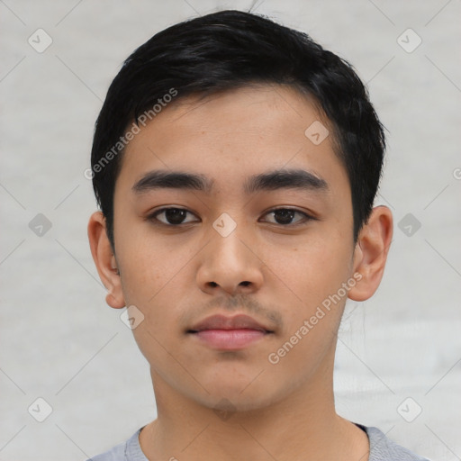 Neutral asian young-adult male with short  black hair and brown eyes