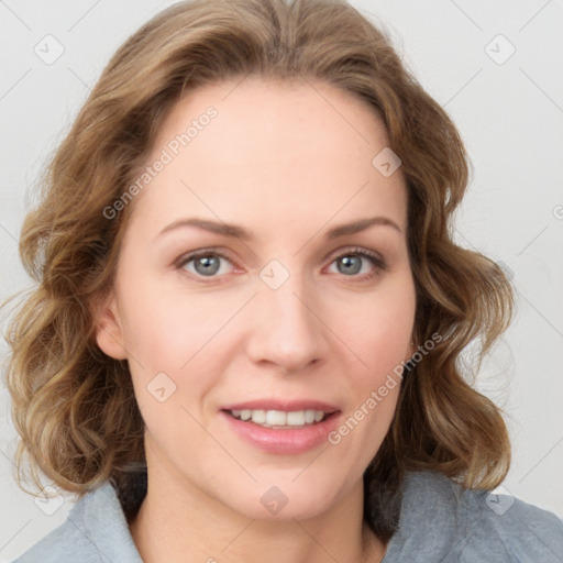 Joyful white young-adult female with medium  brown hair and blue eyes