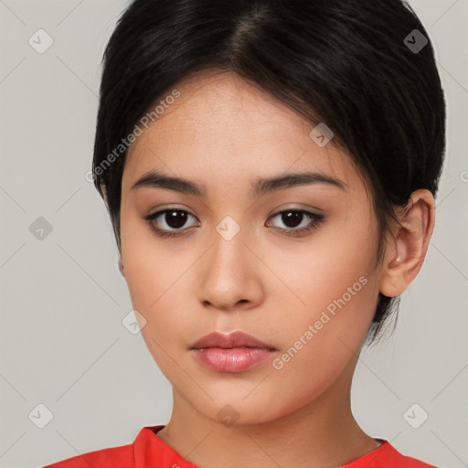 Neutral white young-adult female with short  brown hair and brown eyes