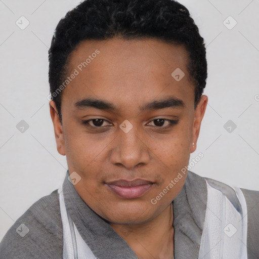 Joyful black young-adult male with short  black hair and brown eyes