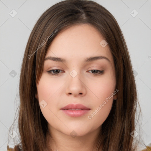 Neutral white young-adult female with long  brown hair and brown eyes