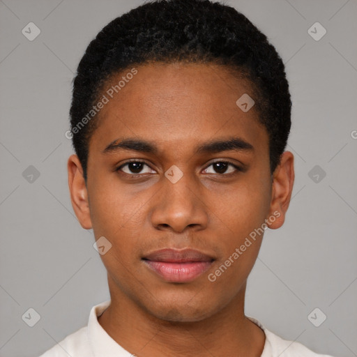 Neutral black young-adult male with short  black hair and brown eyes