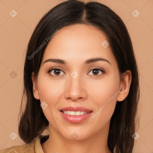 Joyful white young-adult female with long  brown hair and brown eyes