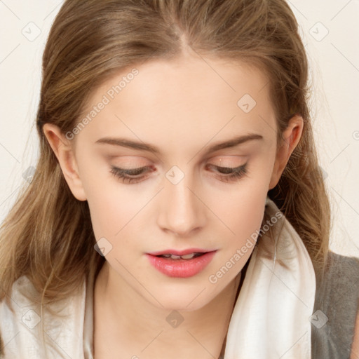 Neutral white young-adult female with long  brown hair and brown eyes