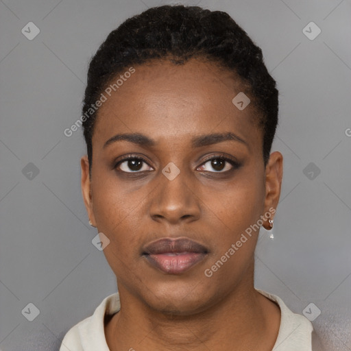 Neutral black young-adult female with short  black hair and brown eyes