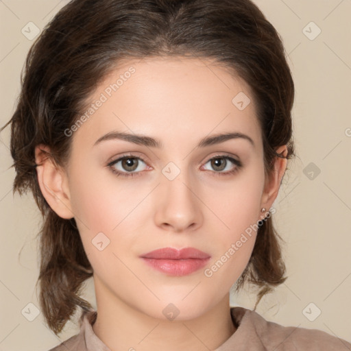 Neutral white young-adult female with medium  brown hair and brown eyes