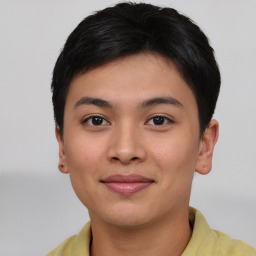 Joyful asian young-adult female with short  brown hair and brown eyes