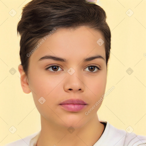 Neutral white young-adult female with short  brown hair and brown eyes