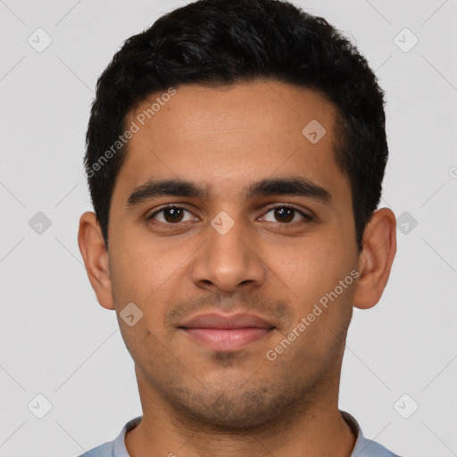 Neutral latino young-adult male with short  black hair and brown eyes