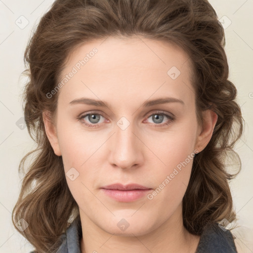 Neutral white young-adult female with medium  brown hair and grey eyes