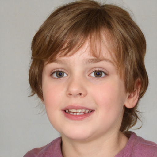 Joyful white child female with medium  brown hair and blue eyes