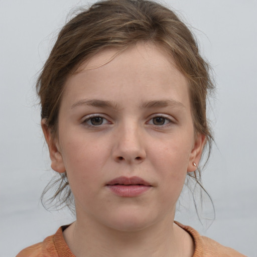 Neutral white young-adult female with medium  brown hair and grey eyes