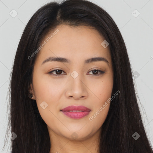 Joyful asian young-adult female with long  brown hair and brown eyes