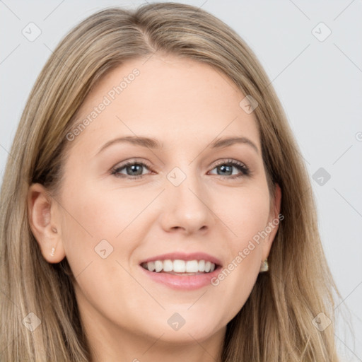 Joyful white young-adult female with long  brown hair and grey eyes