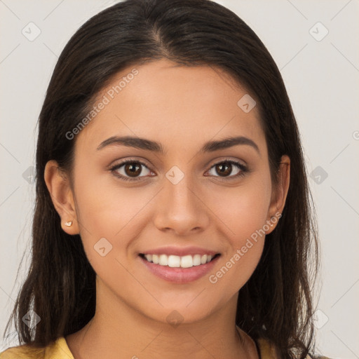 Joyful white young-adult female with long  brown hair and brown eyes