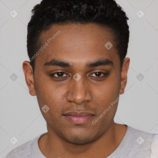 Neutral black young-adult male with short  black hair and brown eyes
