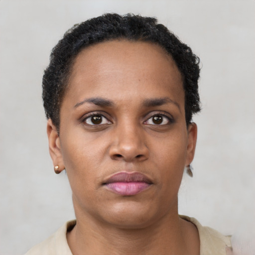 Neutral black young-adult female with short  brown hair and brown eyes