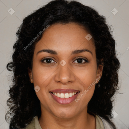 Joyful latino young-adult female with long  brown hair and brown eyes