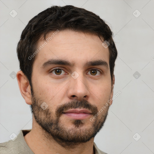 Neutral white young-adult male with short  brown hair and brown eyes