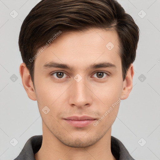 Neutral white young-adult male with short  brown hair and brown eyes