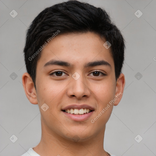 Joyful latino young-adult male with short  brown hair and brown eyes