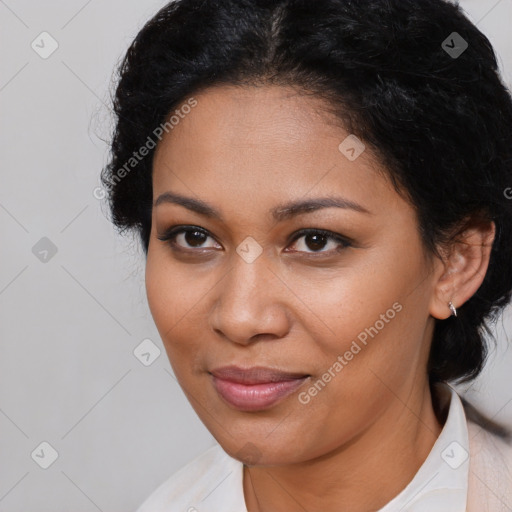 Joyful latino young-adult female with medium  black hair and brown eyes