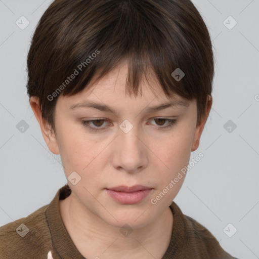 Neutral white young-adult female with short  brown hair and brown eyes