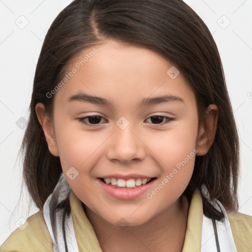 Joyful white child female with medium  brown hair and brown eyes