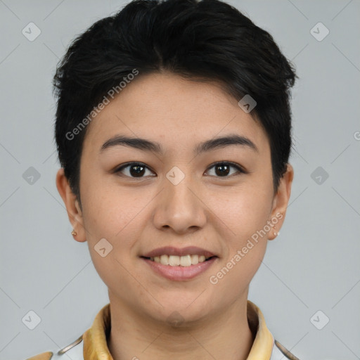 Joyful asian young-adult female with short  brown hair and brown eyes