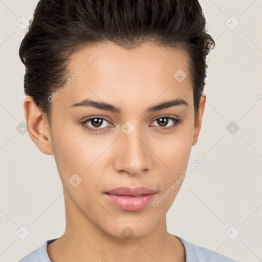 Neutral white young-adult female with short  brown hair and brown eyes