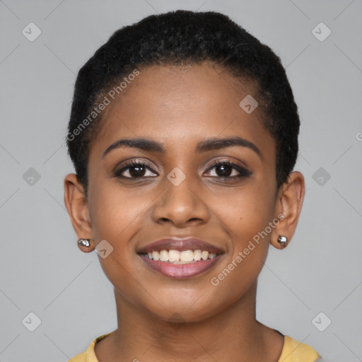 Joyful black young-adult female with short  brown hair and brown eyes