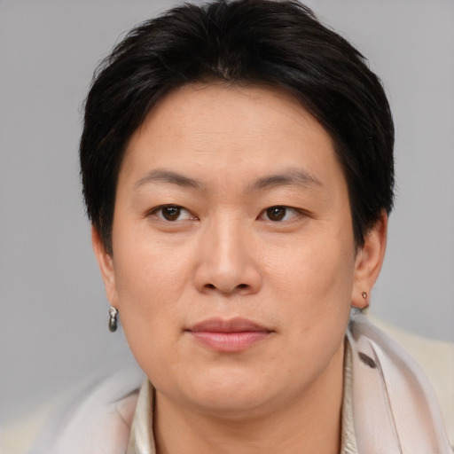 Joyful asian adult female with short  brown hair and brown eyes
