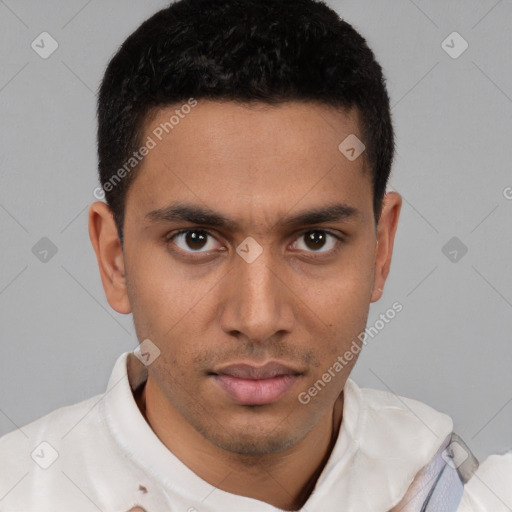 Neutral white young-adult male with short  brown hair and brown eyes