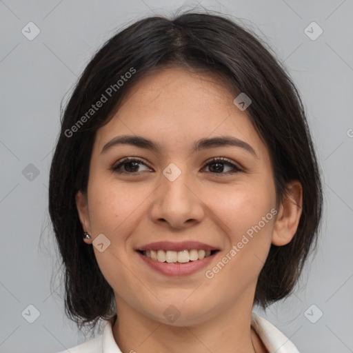 Joyful white young-adult female with medium  brown hair and brown eyes