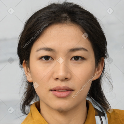 Neutral asian young-adult female with medium  brown hair and brown eyes