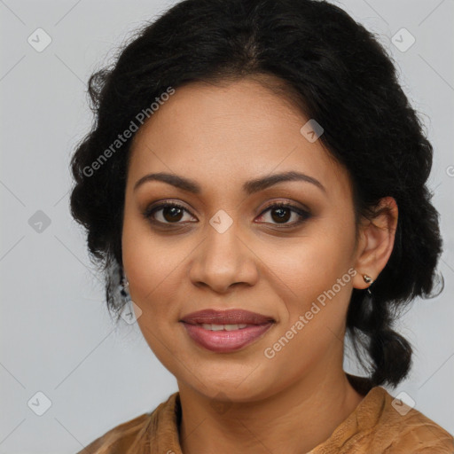 Joyful latino young-adult female with long  brown hair and brown eyes